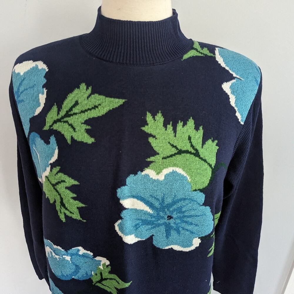 Vintage Alfred Dunner Navy Blue with White Flowers Size Small Shoulderpads 90s - Picture 5 of 6